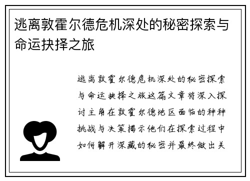 逃离敦霍尔德危机深处的秘密探索与命运抉择之旅